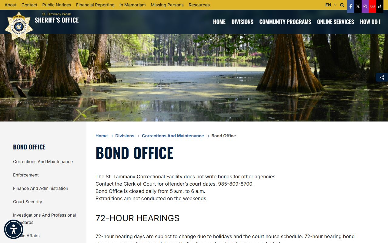 St. Tammany Parish Sheriff's Office Bond Office page with bond fees and 72-hour hearing notes