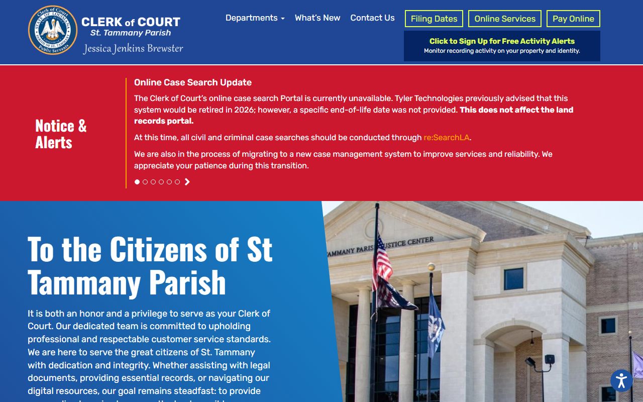 St. Tammany Parish Clerk homepage with re:SearchLA notice and portal links