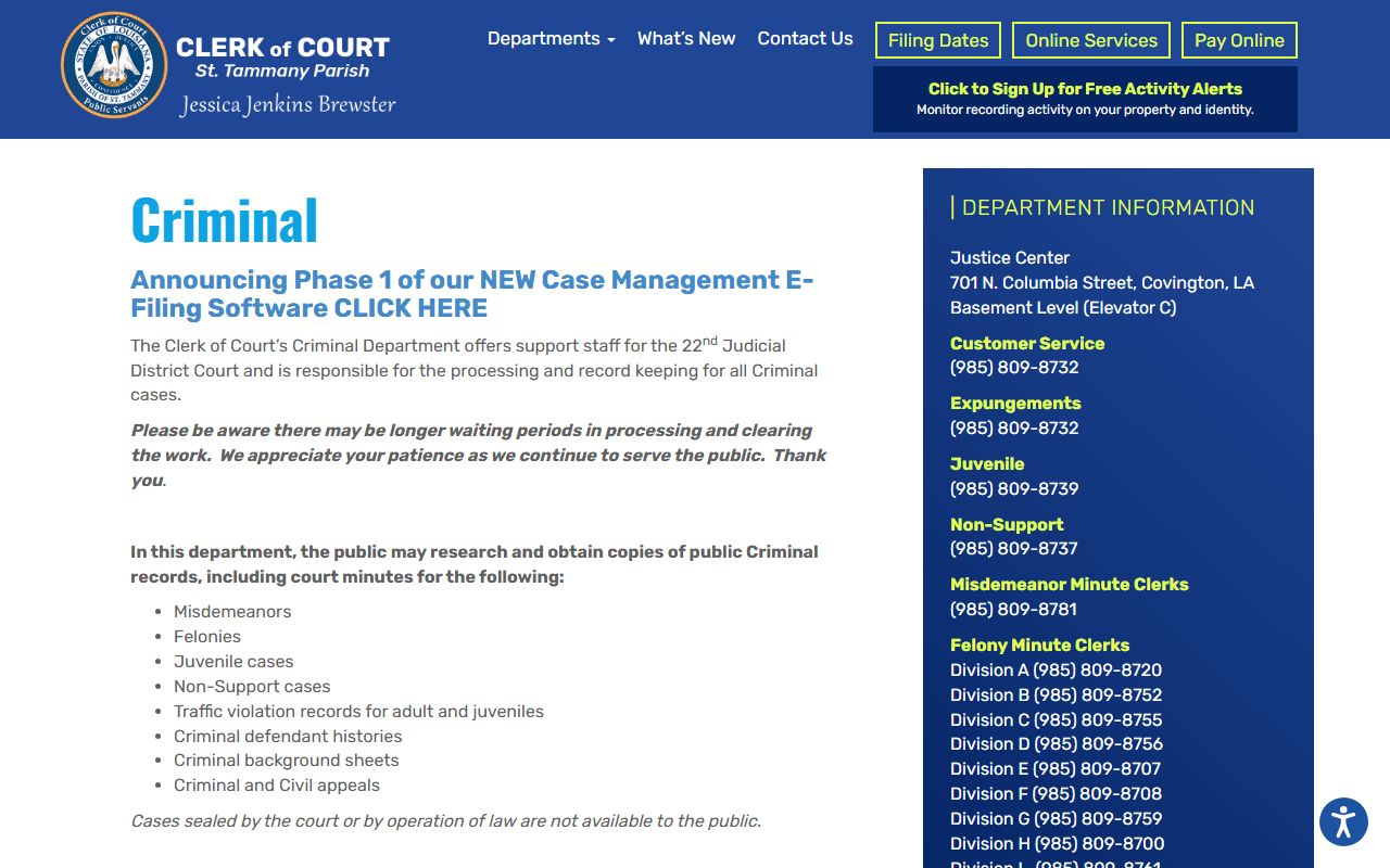 St. Tammany Parish Clerk Criminal Department page with records, fees, and sealed-record notice