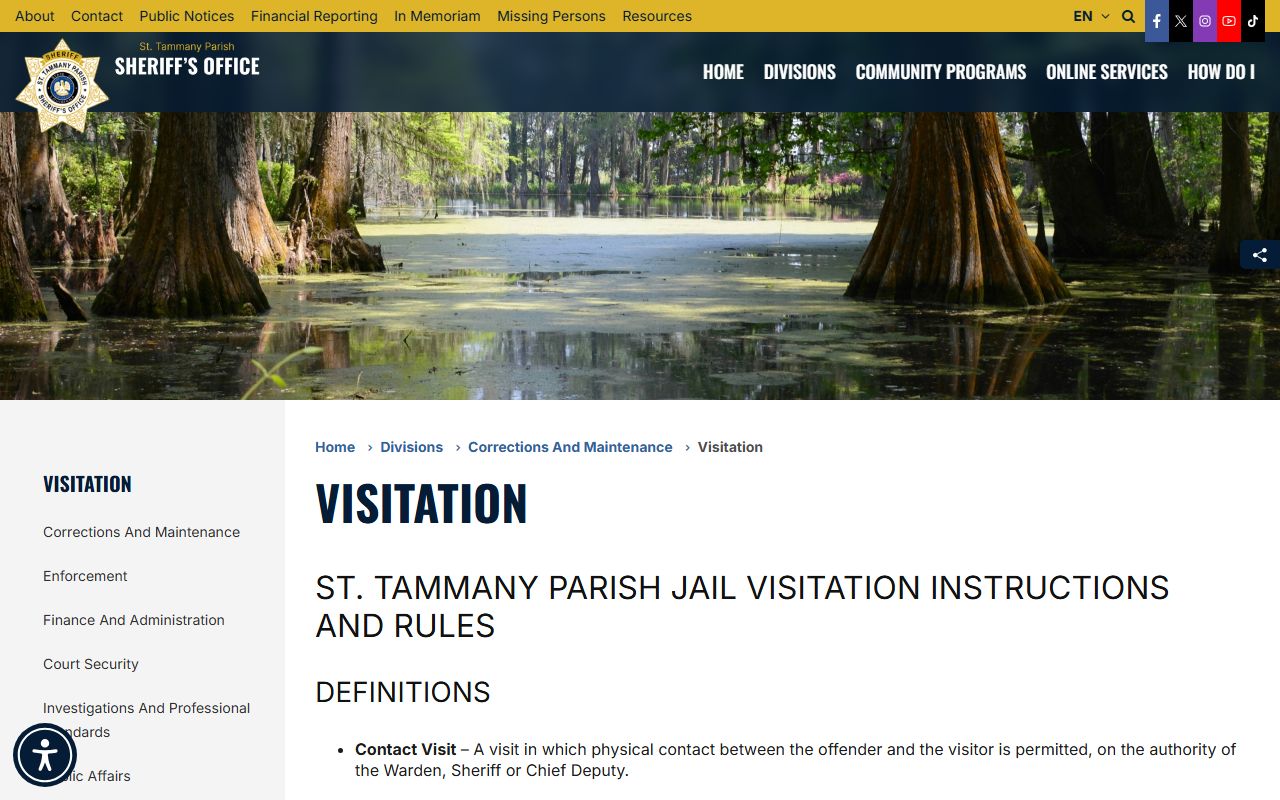 St. Tammany Parish inmate records visitation schedule and video visit rules